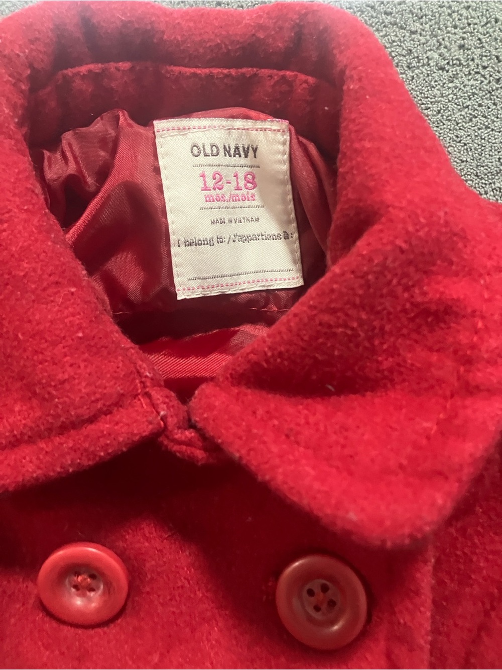 Old Navy Wool Blend Toddler Double Breasted Peacoat - Red - 12-18 Months - Picture 4 of 11